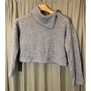 DKNY Women Grey Cropped Funnel Neck Zip Sweatshirt Top Size Medium